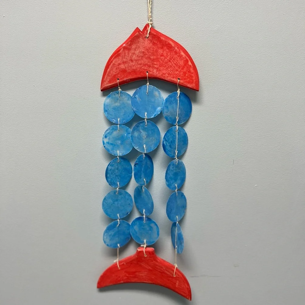 Coastal Fish Wall Hanging Decor- Nautical Capiz Mobile Red and Blue